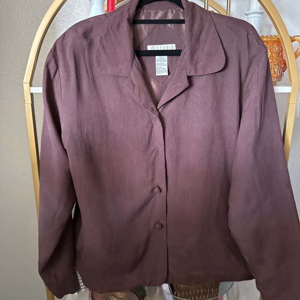 JM Studio Women's Brown 100% Silk Button-Front Long Sleeve Blouse